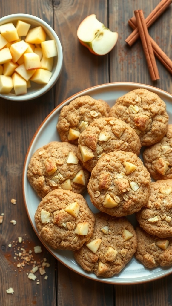 6-Ingredient Apple Pie Oat Cookies Recipe A plate of apple pie oat cookies with chunks of apple, on a rustic table with diced apples and cinnamon.